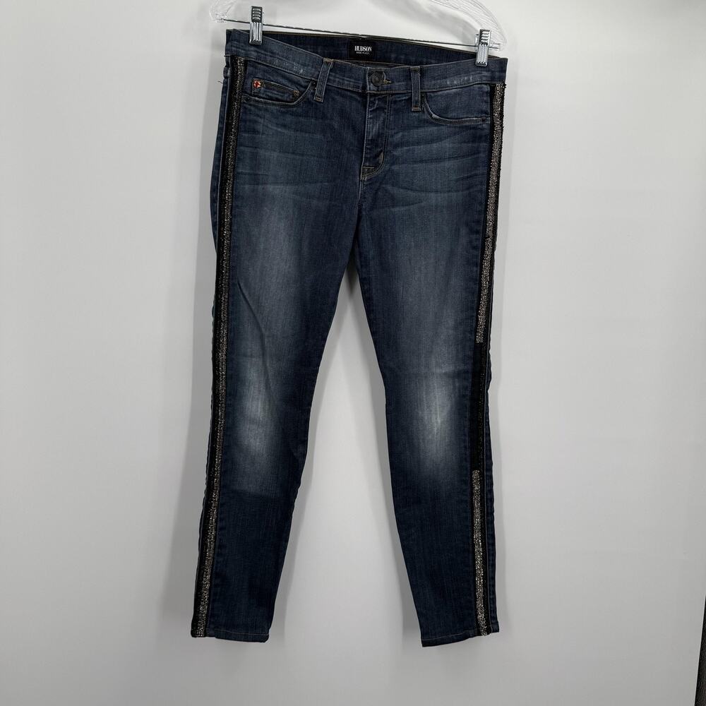 Hudson Luna Super Skinny Crop‎ Jeans Womens 29 Blue Glam Embellished Side Stripe